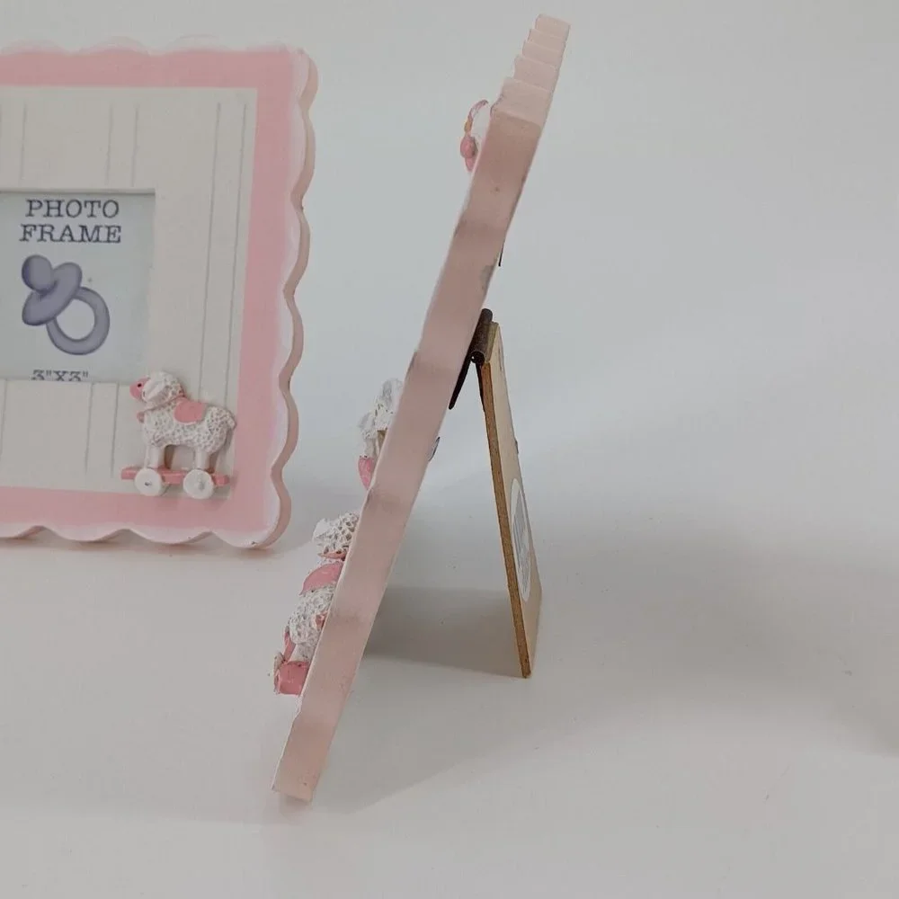 Newborn Baby Girl Photo Frame Gift Pink 3x3 Picture Free Stand Wood 6.5x6.5 Dime - Picture 8 of 12
